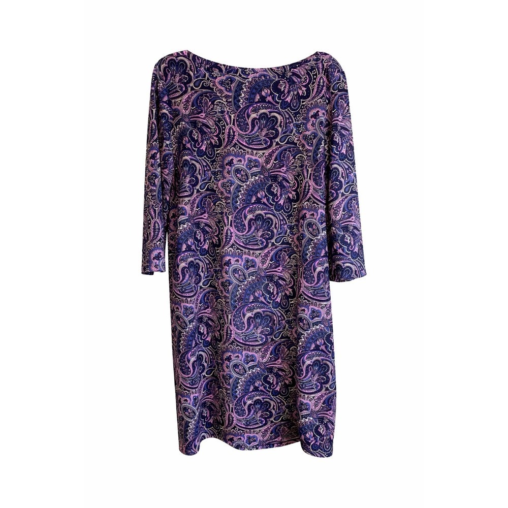 Talbots Paisley Jersey Dress XL Navy Purple Whimsigoth Boho 3/4 Sleeve Stretch